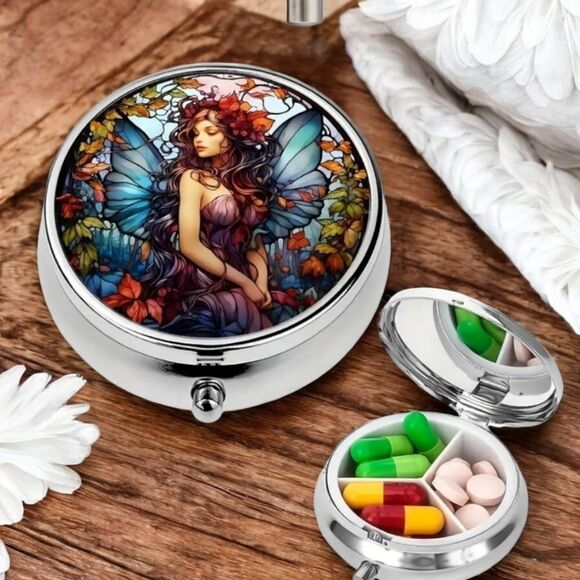 Fairy Elf Pixie Angel Pill Box Medicine Mini Tin Case Mirrored Travel Purse Size - Picture 2 of 8